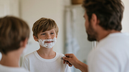 Father teaching young son to shave for the first time at a bathroom mirror, Fathers Day milestone, generational ritual, suburban home, morning light, masculine grooming tradition, coming of age mome