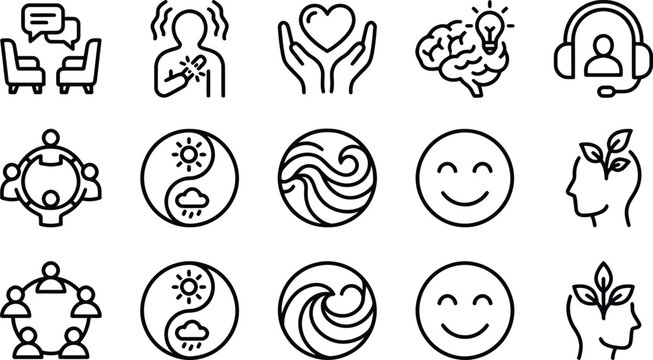 Mental wellness line icons therapy mindfulness and emotional health concepts