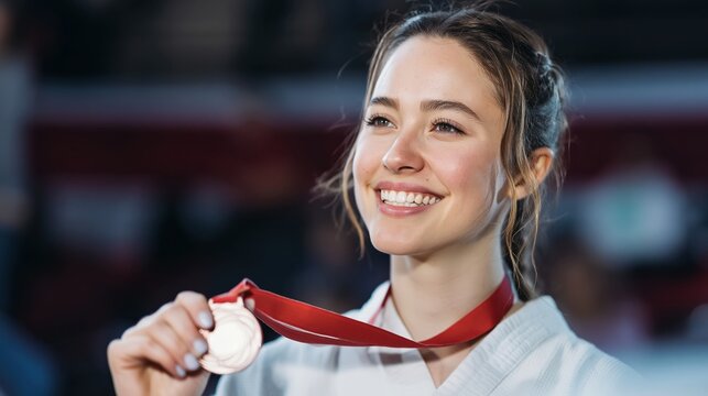Smiling female martial artist holding a silver medal after competition in indoor arena.