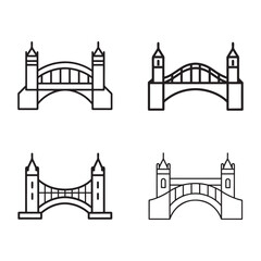 Fototapeta premium Four different line drawing illustrations of famous London bridge with towers and arches in black lines on white background iconic landmarks for design and architecture projects