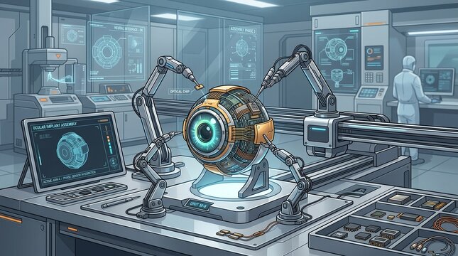 Futuristic AI eye being assembled by robotic arms in a high-tech laboratory, a detailed cybernetic vision system for advanced technology and scientific research.
