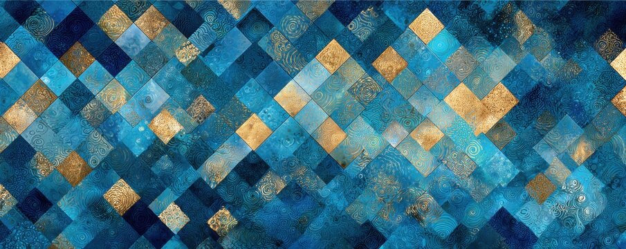 Abstract Geometric Mosaic Pattern with Blue and Gold Tones.