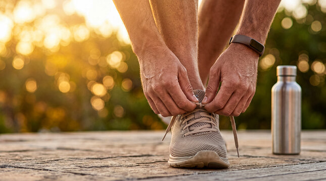 Close-up of male hands tying shoelaces on running shoes, preparing for an outdoor workout during golden hour.