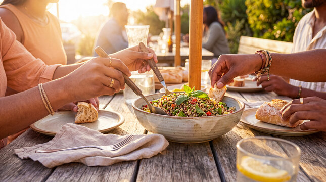 Bright photograph of hands sharing a vibrant fresh salad and crusty bread at an outdoor table during a meal.