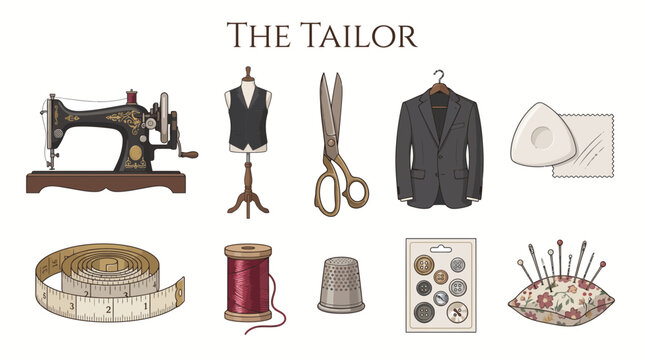 Illustrations of tailor tools including a sewing machine mannequin scissors blazer chalk tape thread thimble buttons and pincushion