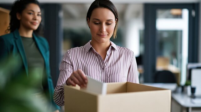 Smiling employee packs personal items into a cardboard box in a modern office as a colleague looks on.