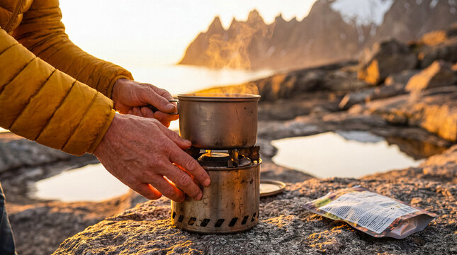 Person's hands preparing food on a portable camping stove with a pot at mountain sunrise.