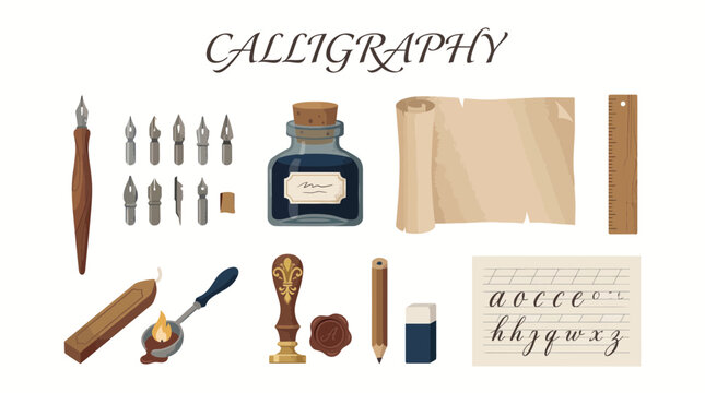 Illustration of various calligraphy tools including ink pens nibs wax seal paper and practice guides