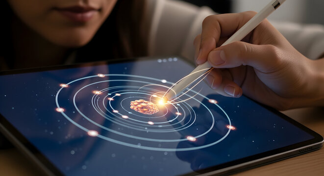  Person Using Digital Stylus Pen on Tablet Showing Interactive Solar System Model with Glowing Planets and Celestial Orbits in Modern Creative Workspace