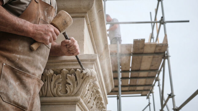 Stonemasons in dusty aprons use hand chisels on ornate limestone cornice of nineteenth-century municipal building, scaffolding framing carve 3