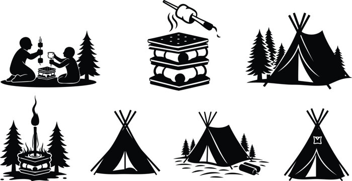 Camping tent and tipi vector silhouettes with forest pine tree scenery illustration art.