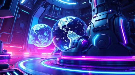 Fototapeta premium Futuristic interior showcases glowing planets within complex metallic structure. Neon lights illuminate curved walls, creating vibrant scene.