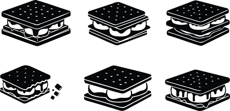 Smores dessert sandwiches with melted marshmallow and chocolate vector silhouette line art.