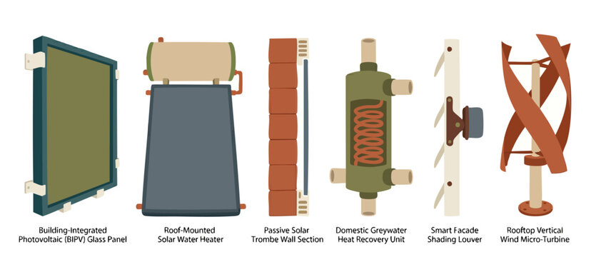 Sustainable Building Technology Set: Solar Panels, Heat Recovery, Wind Turbine, and Passive Cooling Systems for Eco-Friendly Architecture, Energy Efficiency, and Modern Green Home Infrastructure Conce