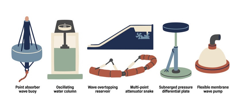 Wave Energy Converters Types Set - Renewable Ocean Power Technology Infographic Showing Point Absorber, Oscillating Water Column, Overtopping Reservoir, Attenuator Snake, Pressure Plate and Membrane P