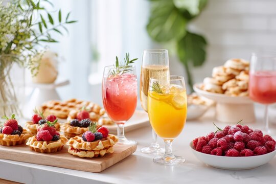 Brunch hosting setup with mini berry waffles, bowls of raspberries and colorful nonalcoholic drinks for party table and serving display