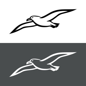 Logotipo con dibujo minimalista con l&iacute;neas de un ave marina tipo albatros con las alas abiertas volando
