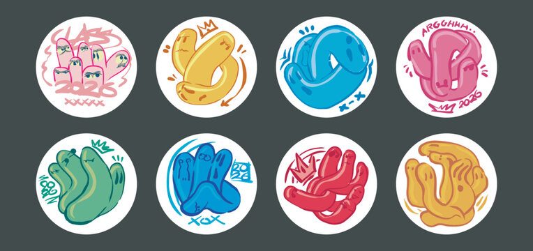 set of worm character in different pose and color, made with graffiti style.