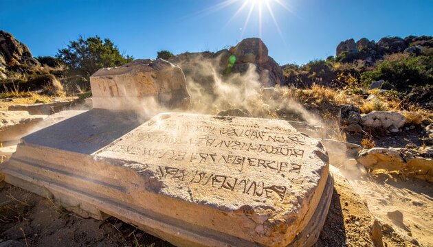 Ancient Phoenician inscription carved into weathered limestone sarcophagus lid, illuminated by sunlight