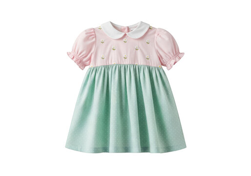 A cute baby girls dress with a pink bodice featuring floral embroidery, a white peter pan collar, and a mint green polka dot skirt isolated on transparent background