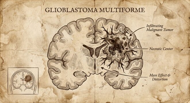 Glioblastoma Multiforme Brain Tumor Medical Illustration Vintage Style.