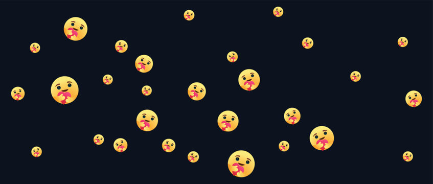 Many yellow happy emoji faces holding pink hearts floating on a dark background as a pattern design for social media chat or digital communication theme and festive celebration