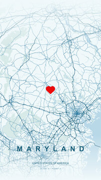 Modern minimalist vector map of Maryland, USA. High-quality scalable illustration of Maryland state borders, Chesapeake Bay, Potomac River, and Baltimore city grid for posters and geographic design.