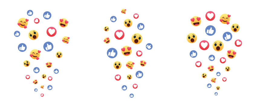 Rising Social Media Reaction Emojis and Like Icons on Transparent Background,  Thumbs Up Hearts Love Wow Sad Angry Care Feedback Vector Illustration