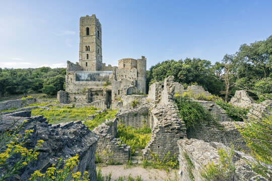 Ancient ruins of the San Rabano Abbey (Abbazia di San Rabano) in the Maremma Regional Park, Tuscany, Italy