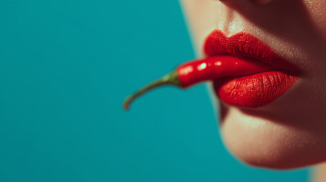 Sensual female lips holding red chili pepper with bold makeup and minimal background for spicy food advertising, beauty concepts and provocative fashion design	
