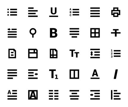 Text editor icon set. Minimal line vector icons pack. Includes list, align, bold, italic, underline, indent, table, print, search, font, columns and more.