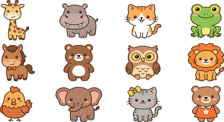 Obraz premium Cute Baby Animal Vector Sticker Set Featuring Giraffe Hippo Cat Frog Horse Bear Owl Lion Chicken Elephant In Sweet Kawaii Cartoon Style