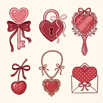 Adobe Illustrator ArtwRomantic design with hand drawn frames, hearts, bows and ribbons, sweet cherry in sketch style. Set of girly coquette greeting cards for Valentine's Day, wedding posters, and ork