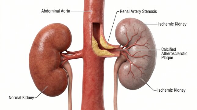 Renal artery stenosis kidney anatomy rendering showing narrowing artery and plaque representing restricted blood flow vascular urology physiology condition medicine