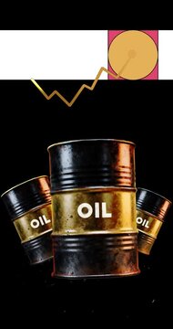 Vertical mobile social media footage, seamless loop 3D crude oil barrels animation with alpha channel transparent background, conceptual global energy market rally.