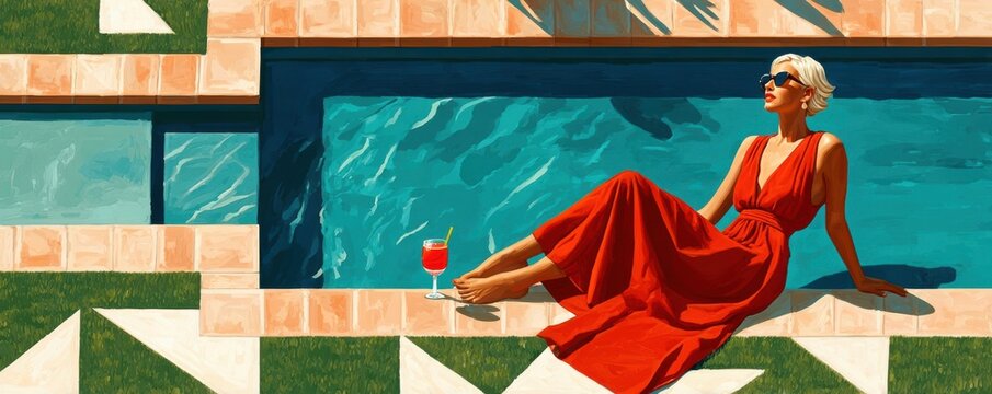 Woman in red dress relaxing by a turquoise pool with a cocktail on a sunny day