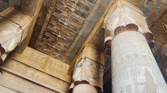 Beautiful vaults and bas-reliefs in the ancient temple complex of Dendera, Qena, Egypt