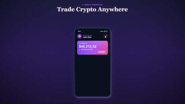 Animated smartphone screen transitions showcasing cryptocurrency trading app with various interface elements and Trade Crypto Anywhere text.