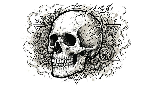 Intricate tattoo inspired vector illustration depicting human skull with roses, serpents, geometric shapes, and flames on white background.