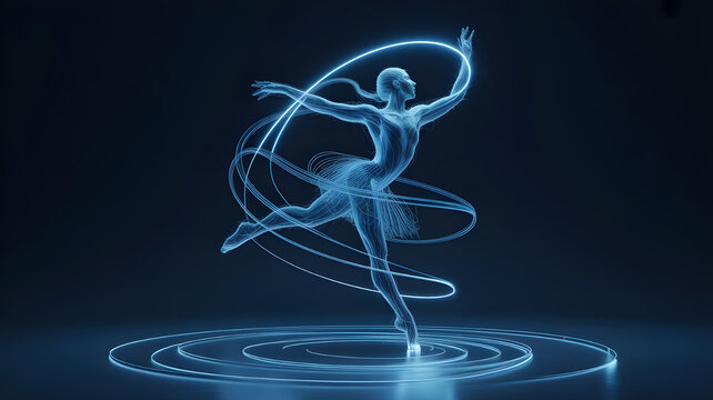 A dancer whose movements leave behind glowing trails that shape into elegant sculptures in space, frozen motion combined with fluid energy, ultra-detailed
