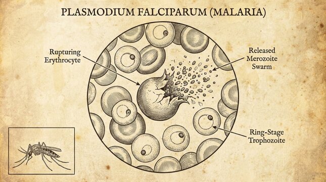 Malaria parasite lifecycle red blood cell infection mosquito vector.