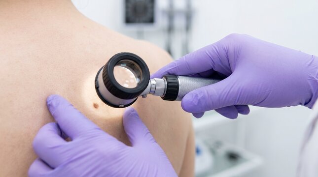 Dermatologist examining mole with dermatoscope, professional skin cancer screening, doctor in purple gloves checking patient back for melanoma