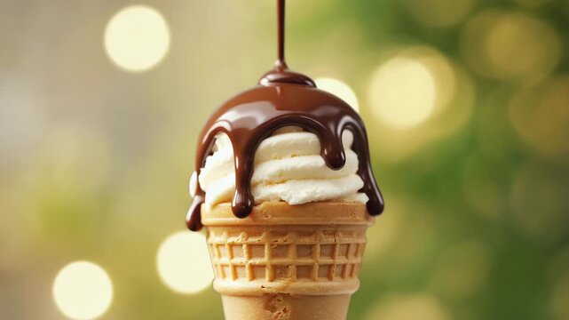 Decadent chocolate sauce drizzling over creamy vanilla ice cream cone