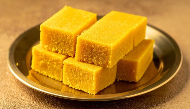 Traditional Indian Mysore Pak Sweet Blocks Served on a Golden Plate