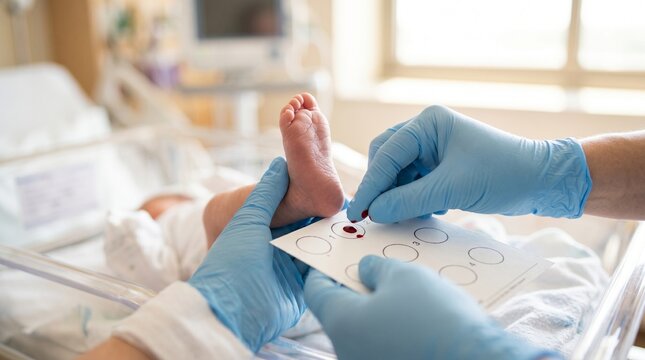 Medical professional performing newborn heel prick blood test in hospital