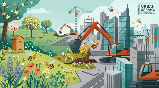 Bee habitats face urgent threats from aggressive urban sprawl and large-scale industrial excavation that replaces native wildflower meadows with steel skyscrapers.