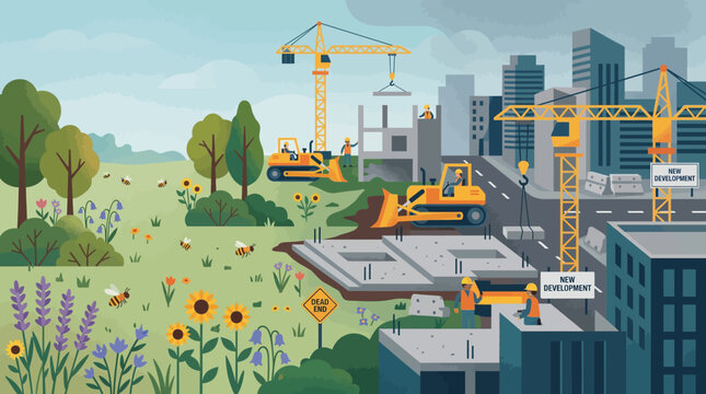 Bee meadow is being encroached upon by heavy construction equipment and building projects as new urban infrastructure consumes natural landscapes.