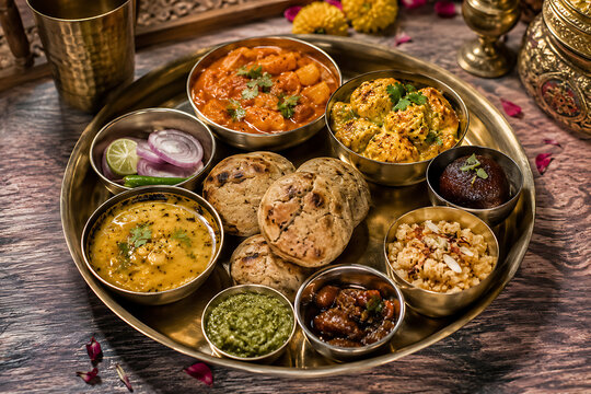Traditional Rajasthani festive food thali with dal baati churma  gatte ki sabzi  sweets  and chutney  rustic stock photo style
