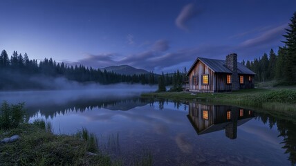 Fototapeta premium Serene Lakeside Cabin Reflection Under Twilight Sky.
