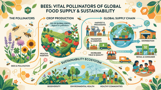 Bees serve as essential pollinators for global crop production, supporting agricultural biodiversity and healthy human food supplies.